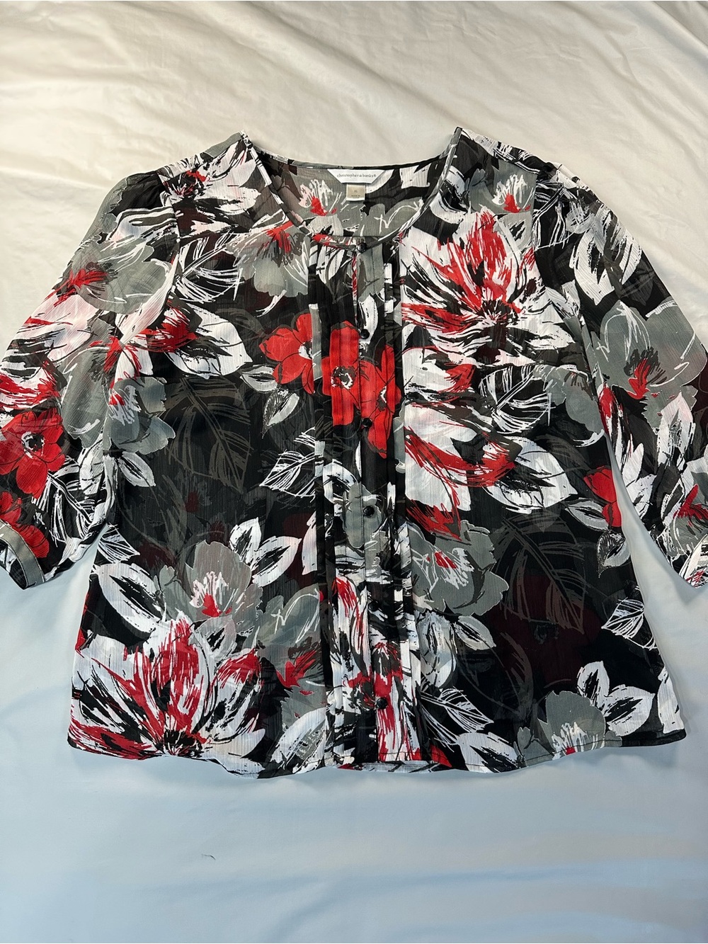 Christopher & Banks Black Blouse with Red and Gray Floral Print